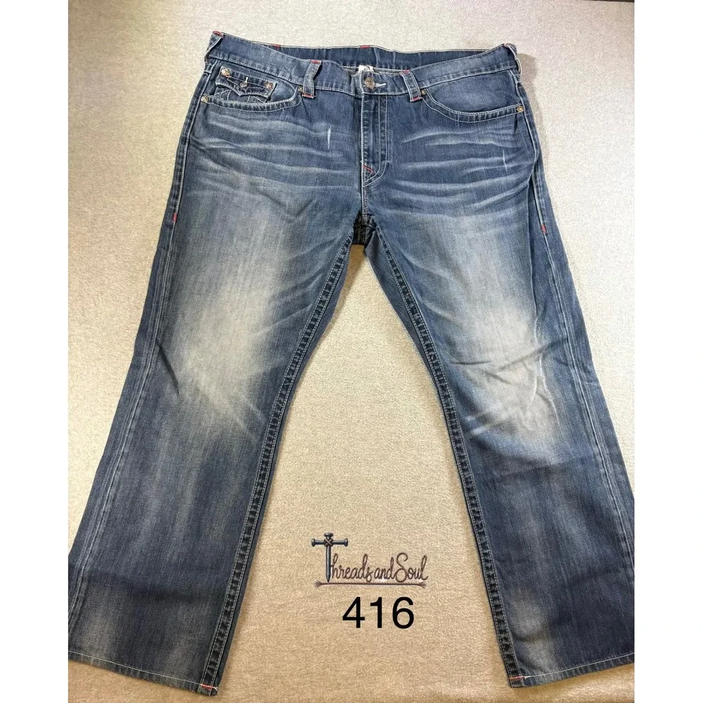 True Religion Ricky Straight Leg Blue Jeans Mens 42 Flap Pockets Whiskered Denim